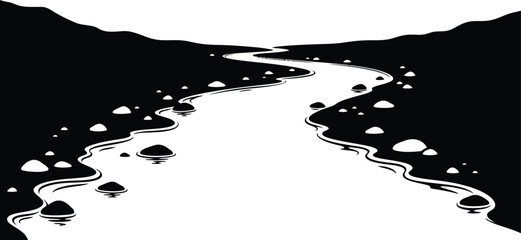 A winding river flows through a valley, with rocks scattered along the riverbed