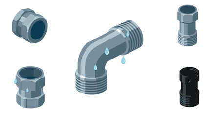 Leaking pipes and fittings isometric design with water droplets