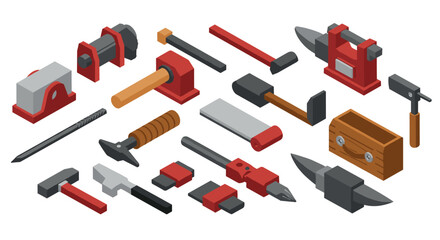 Obraz premium Isometric set of industrial tools for metalworking and carpentry projects