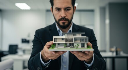 Professional presenting architectural model conceptualizing real estate project