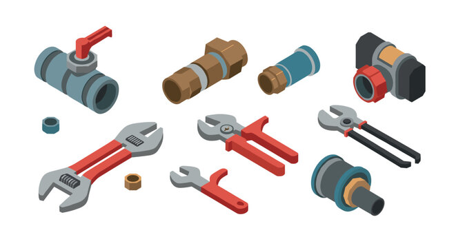 Isometric plumbing tools and fittings set for construction projects