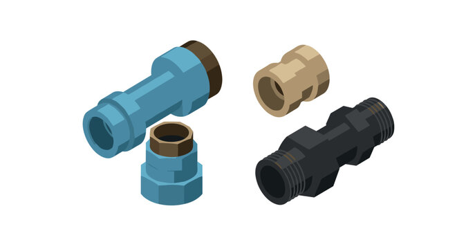 Isometric pipe fittings set in blue, black, and tan for plumbing projects