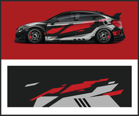 Fototapeta premium Stylized sporty hatchback car with red and black graphics on a red background