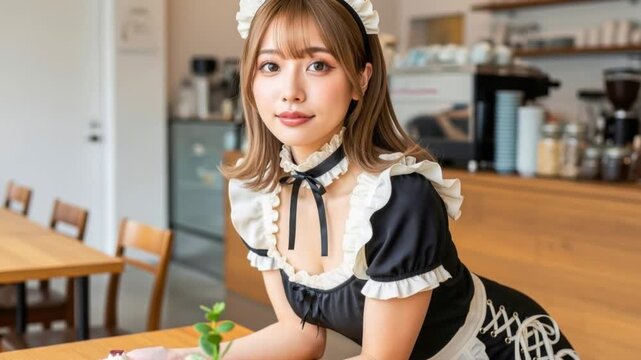 メイド服のウェイトレスがカップケーキを運んでくる様子