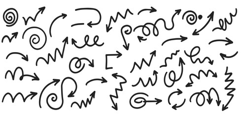 Obraz premium Black Arrows Doodle Art Hand Drawn Vector Arrows Directional Arrows Curly Arrows Sketch Arrows White Background Design
