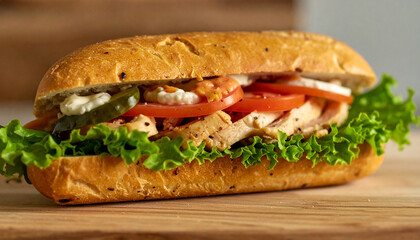 Gourmet grilled chicken sandwiches with fresh lettuce, juicy tomatoes and red onions on baguette
