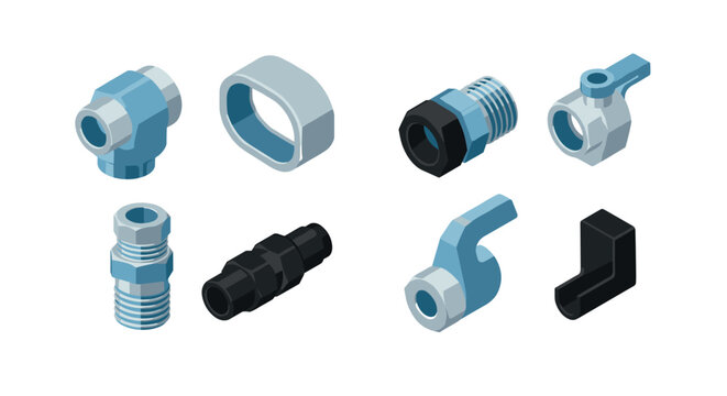Isometric industrial pipe fittings in blue and grey design for engineering pr…