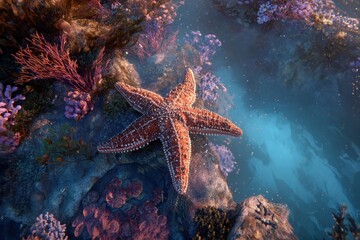 A stunning starfish resting on the ocean floor, surrounded by vibrant coral reefs