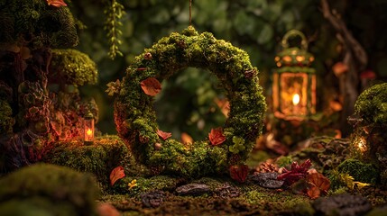 Obraz premium Enchanted forest scene with moss wreath and glowing lantern in the background