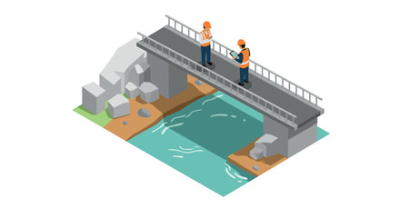 Isometric bridge construction scene with engineers inspecting over water