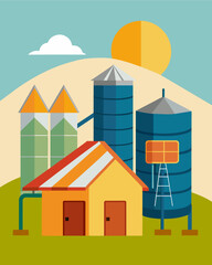 Fototapeta premium A solarpowered grain dryer stood next to the silos allowing the farmers to efficiently dry and store their harvest for the winter.. Vector illustration