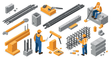 Obraz premium Construction workers and tools in isometric design for industrial projects