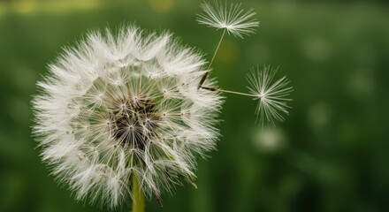 Fototapeta premium Dandelion seed head with floating seeds against blurred green background natural macro photography