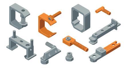 Isometric industrial metal parts collection with bolts and screws