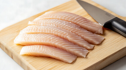Fresh fish fillets, ready for cooking, rest on a wooden cutting board beside a chef's knife. Delicious seafood at its finest. Raw fish.