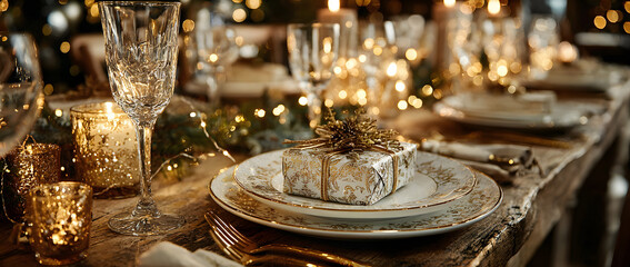 Fototapeta premium Christmas or New Years celebration party table setting. Plates, golden cutlery, glasses, gift box, festive branch decoration, candles, gliterring toys over rustic wooden table background