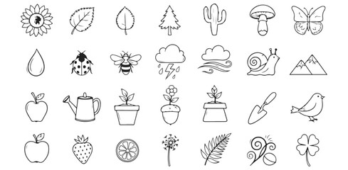Obraz premium Nature s Whimsy Doodle Icons of Flora Fauna and Weather Hand Drawn Line Art for Gardeners Educators and Creative