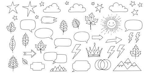 Hand Drawn Vector Doodle Elements Stars Clouds Leaves Sun Lightning Crown Mountains Arrows Speech Bubbles Outlines and