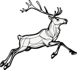 Thick contour of a reindeer in mid-leap, minimal detail, white background