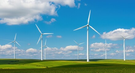 Obraz premium Wind turbines on green field under blue sky with clouds renewable energy concept