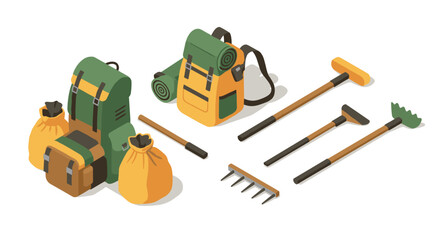 Outdoor camping equipment with backpacks and gardening tools in isometric art