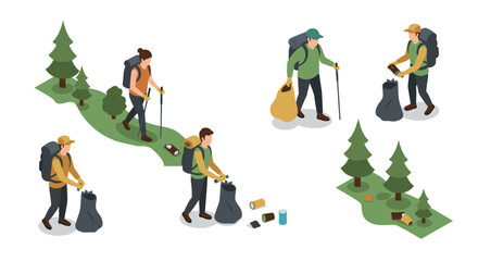 Isometric cleanup: hikers collecting trash in forest trail scene