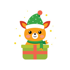 Fototapeta premium Cute cartoon reindeer in gift box with Christmas hat and scarf