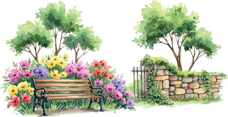 Create Trees, bench and part of stone fence, floral garden set, watercolor isolated illustration for your design textile, nature print, summer postcards or wallpaper.