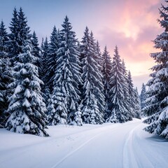 Naklejka premium Snowy road through frosted pine forest under a pastel sky at dawn/dusk