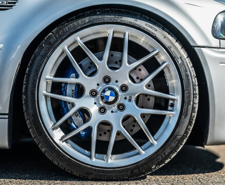 Gothenburg, Sweden - september 07 2025: Close up detail of BMW E46 M3 alloy wheel with Michelin tire.