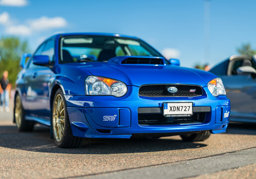 Gothenburg, Sweden - september 07 2025: Blue Subaru Impreza WRX STI sports car front view.