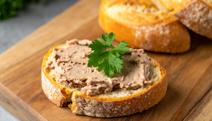 Crusty baguette slice with liver pate and parsley garnish, rustic wooden board, appetizing snack.