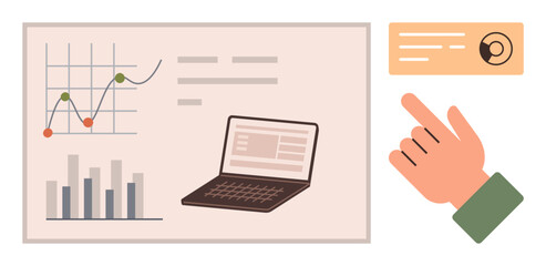 Chart with bar graphs and line plots, laptop displaying data, hand interacting with interface. Ideal for data visualization, business analytics, decision-making, user interaction, market trends