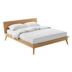 Modern wooden bed with white linens isolated on transparent background