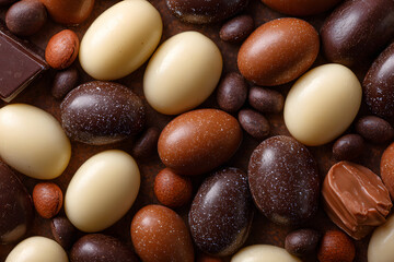Assortment of fine chocolate candies, white, dark, and milk chocolate Sweets background. Copy space. Top view.