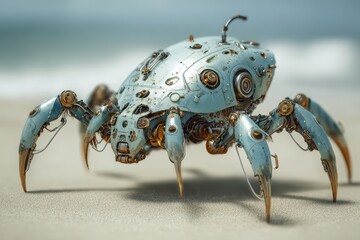 A robotic crab on the beach, it's futuristic design, and mechanical details come together. The metallic surface of the crab reflects the light
