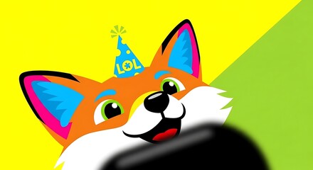 Obraz premium Whimsical cartoon fox wearing a party hat taking a selfie with a smartphone on a bright yellow and green background