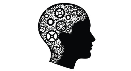 Intricate gears fill silhouette of human head, symbolizing complex thought and innovation