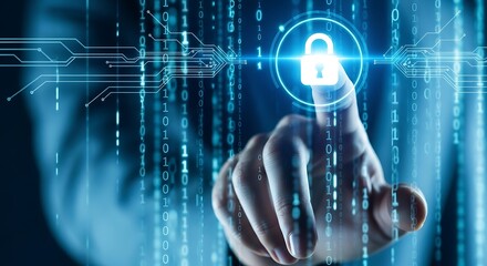 Digital Security Protection Hand Touching Lock Icon With Binary Code Data Streams