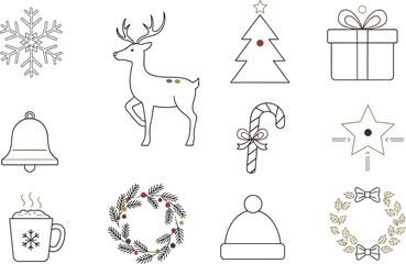 Fototapeta premium Christmas icon set vector illustration cartoon drawing silhouette design holiday doodle gift hat book robot art coloring sketch symbol love fashion