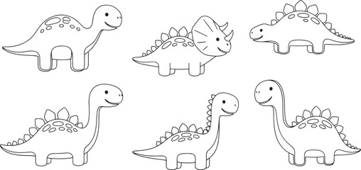 cartoon cute dinosaur outlines. line art for coloring book page, educational activity, nursery decoration, birthday party theme, kids' craft project. vector illustrations isolated on white background