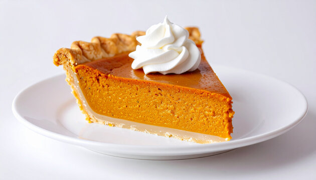 Single slice of pumpkin pie on white plate whipped cream swirl on top. Tasty food. Delicious dessert