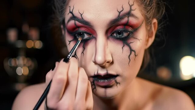 Young woman creates scary Halloween makeup, applying intricate gothic face cracks and dramatic red and blue eye details for a creepy horror look.