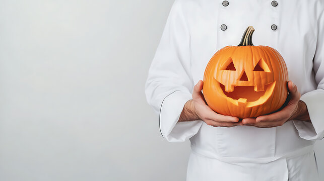 Chef holds a carved pumpkin, showing off a happy jack-o'-lantern face. Celebratory image with holiday spirit and culinary artistry.