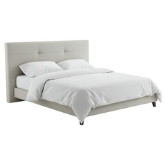 Modern upholstered bed with white bedding isolated on transparent background