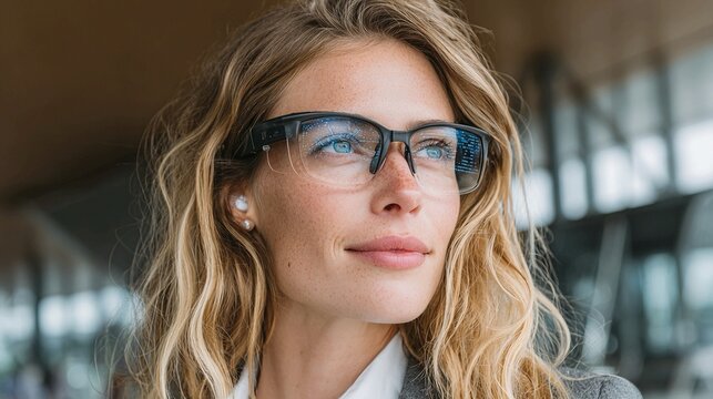 Stunning woman wearing augmented reality glasses looking towards the future of technology in a modern world, empowering innovation with a forward thinking mindset