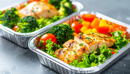Tasty lunch in foil meal containers, vibrant vegetables and lean protein, healthy balanced diet