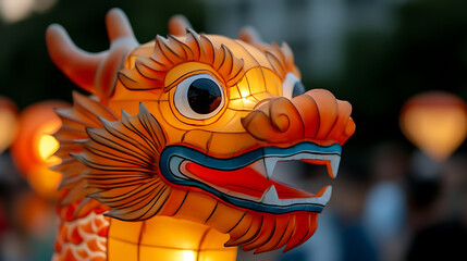 Dragon lantern close-up: A vibrant orange dragon lantern glows with intricate details, capturing the essence of traditional artistry. Festive spirit illuminated.