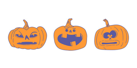 hand drawn Halloween pumpkins with funny and spooky carved faces, cartoon vector illustration