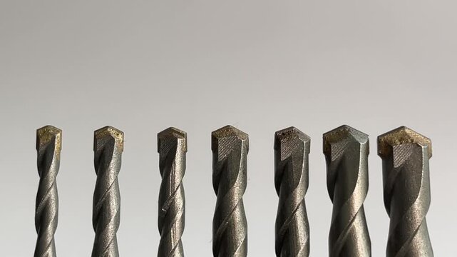 Metal drill bits arranged in a row on a light background, showing industrial tool texture and precision equipment for construction, repair, manufacturing, and hardware design projects